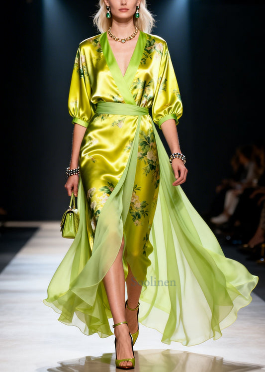 Modern Green Print Patchwork Exra Large Hem Silk Dress Summer
