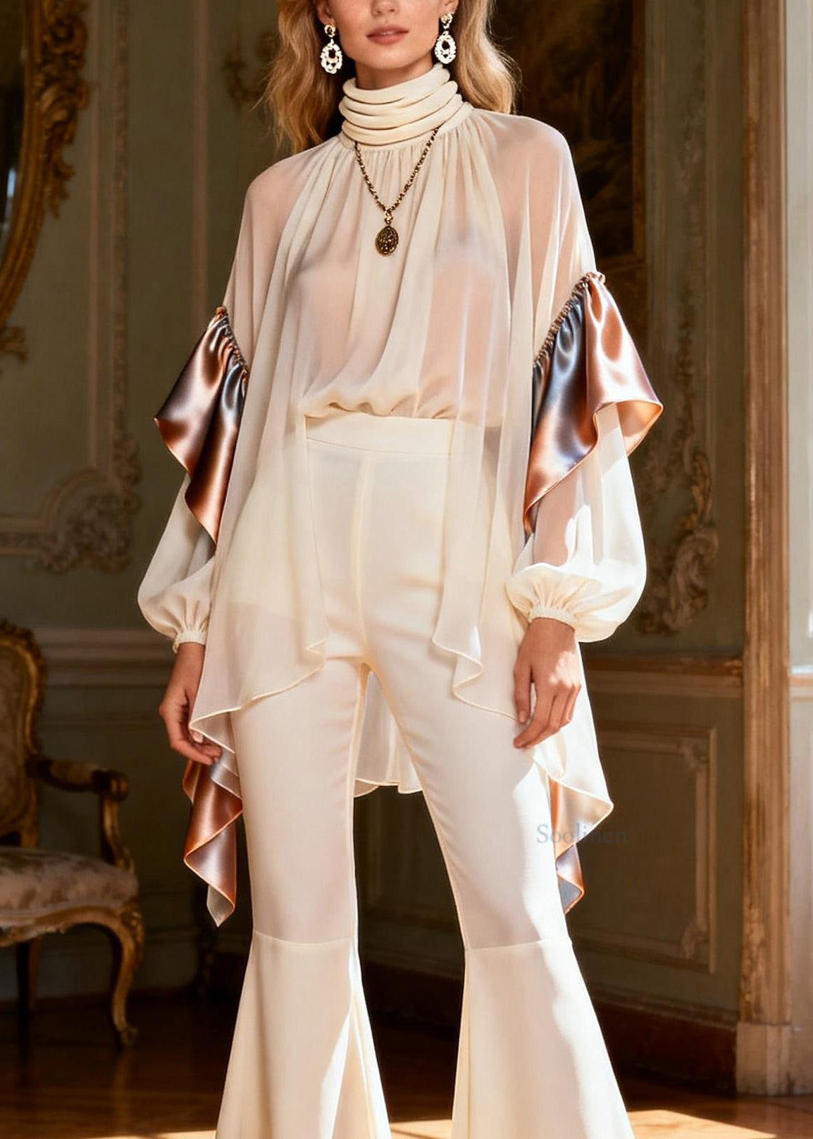 Modern High Neck Ruffled Patchwork Silk Two-Piece Set Spring