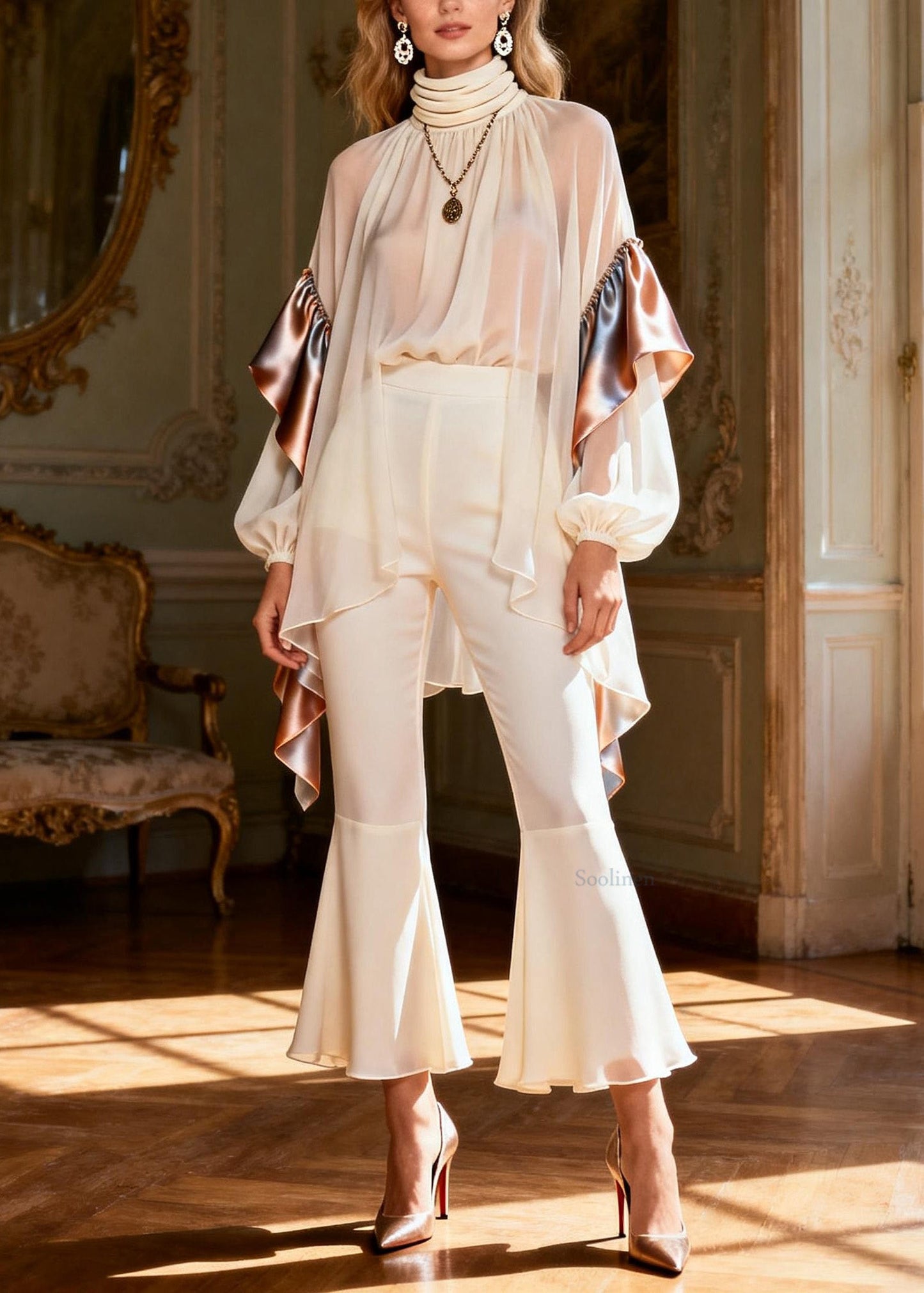 Modern High Neck Ruffled Patchwork Silk Two-Piece Set Spring