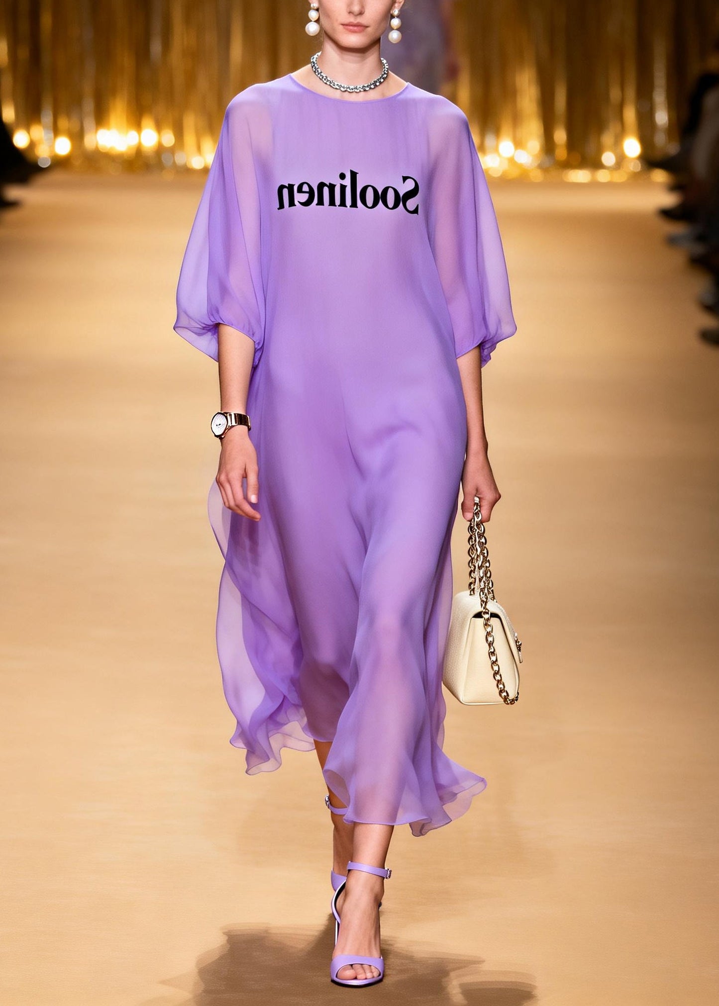 Modern Lavender Print Draping Chiffon Maxi Dresses Summer