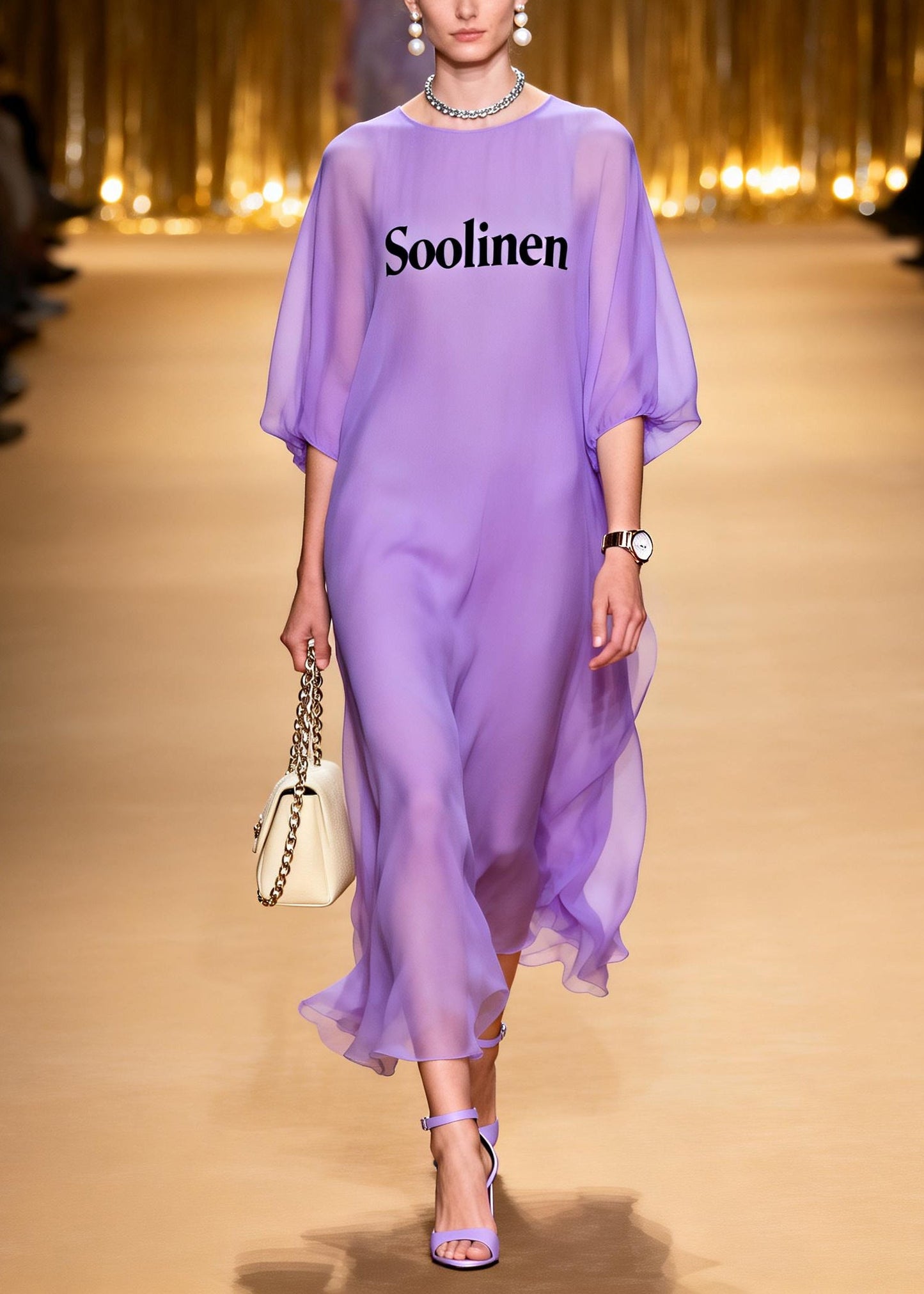 Modern Lavender Print Draping Chiffon Maxi Dresses Summer