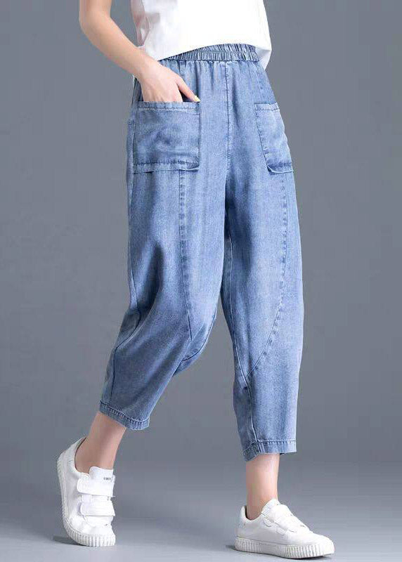 Modern Light Blue Elastic Waist Pockets Harem Jeans Summer
