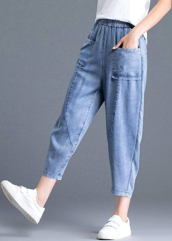 Modern Light Blue Elastic Waist Pockets Harem Jeans Summer