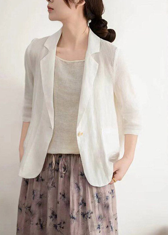 Modern Light Grey Notched Patchwork Solid Linen Coats Half Sleeve