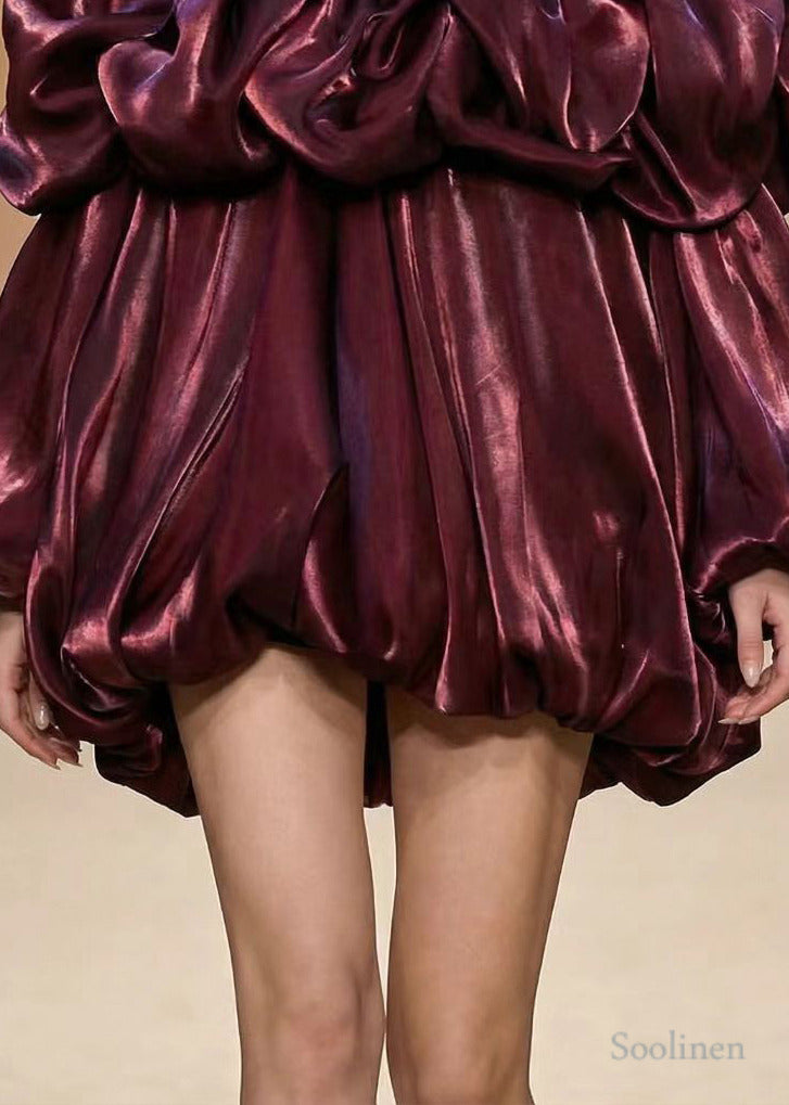 Modern Mulberry Puff Sleeve Wrinkled Silk Tea Dress