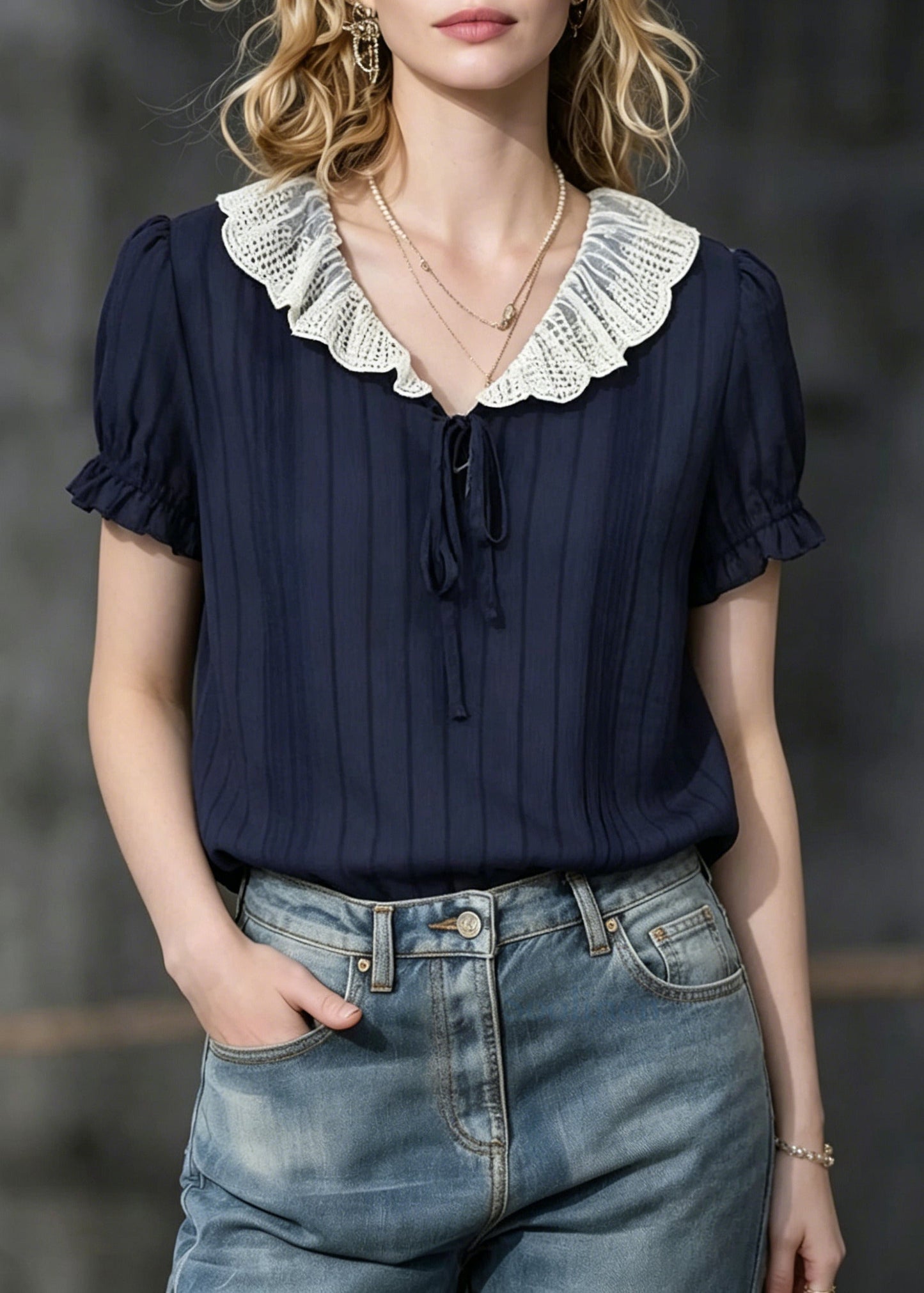 Modern Navy Peter Pan Collar Striped Chiffon Shirts Summer
