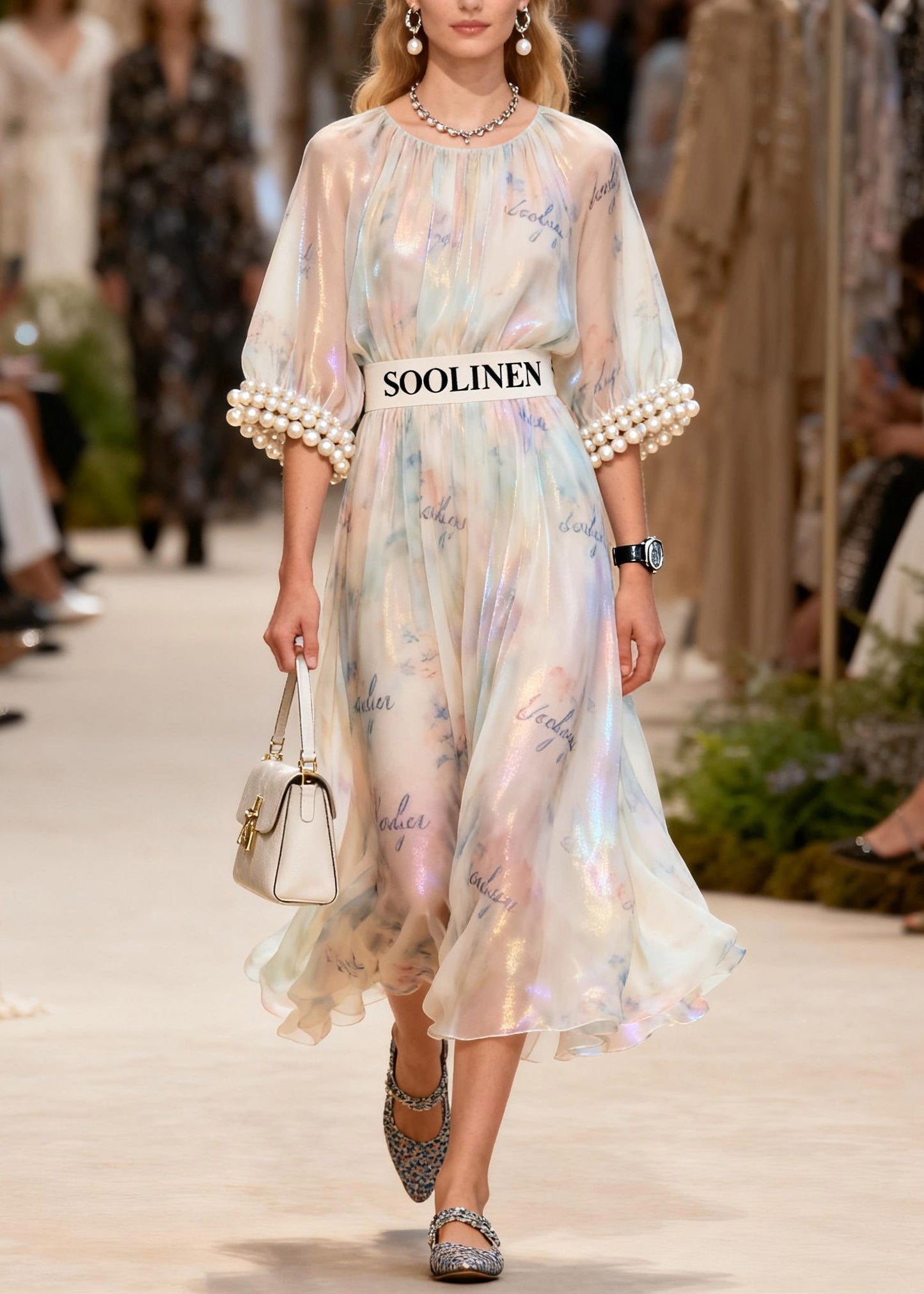 Modern O-Neck Nail Bead Print Silk Long Dress Half Sleeve