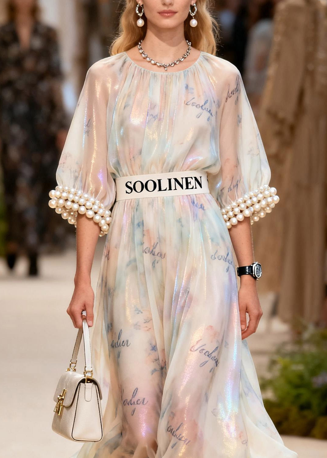 Modern O-Neck Nail Bead Print Silk Long Dress Half Sleeve