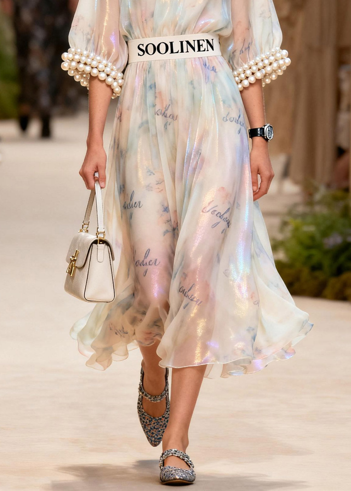 Modern O-Neck Nail Bead Print Silk Long Dress Half Sleeve