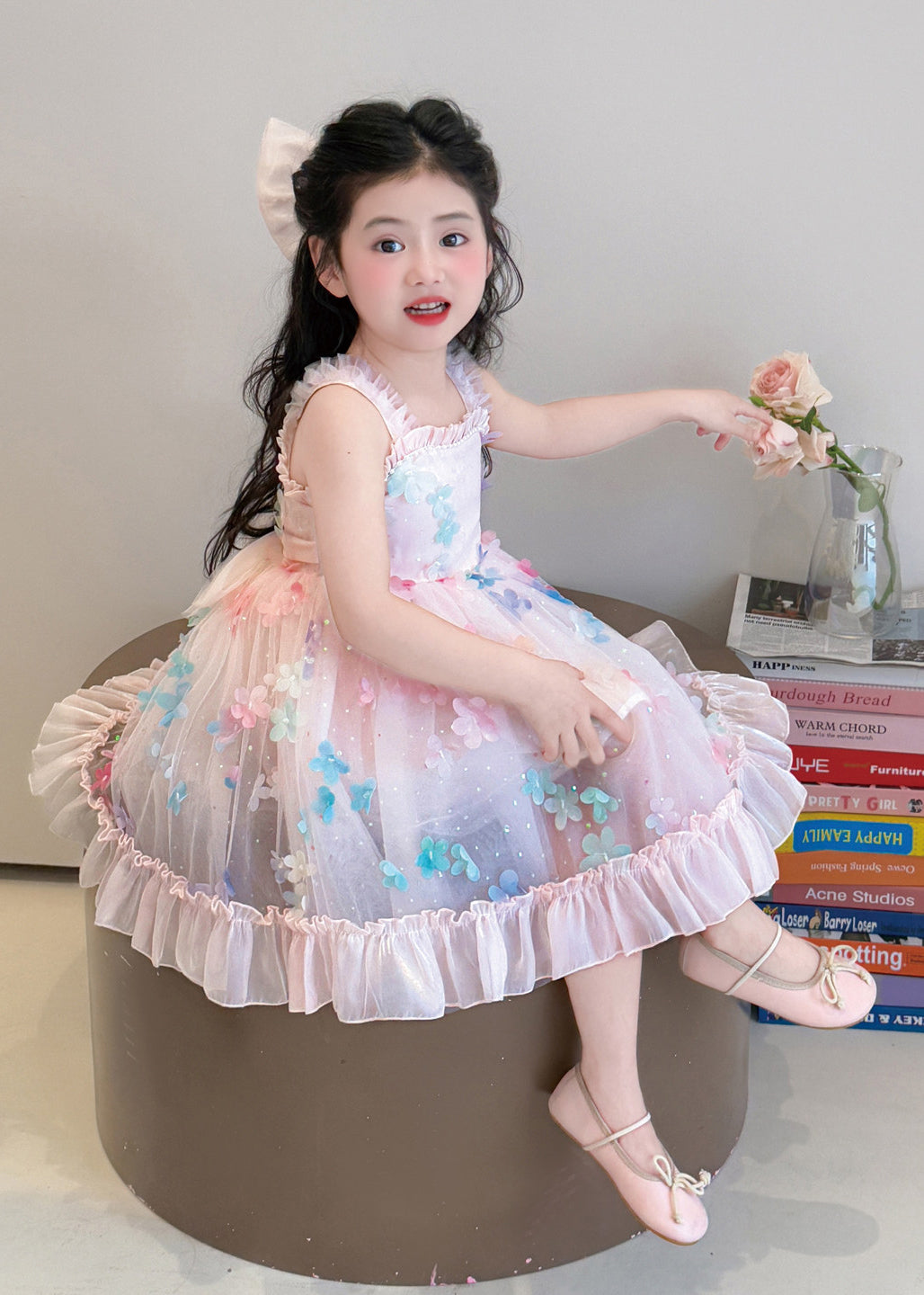 Modern Pink Floral Exra Large Hem Tulle Baby Girls Dress Summer