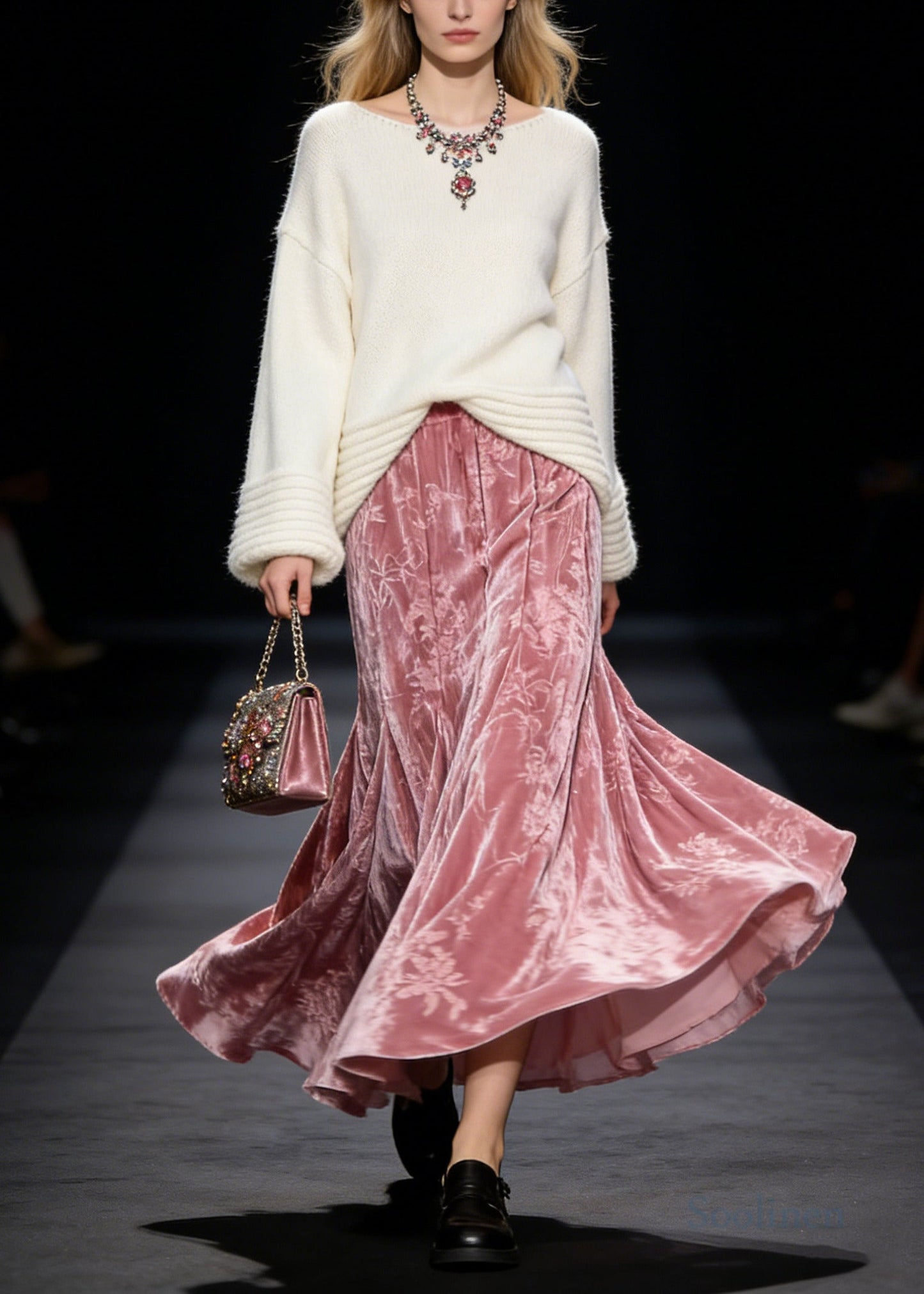 Modern Pink Jacquard Exra Large Hem Silk Velvet Skirts Spring