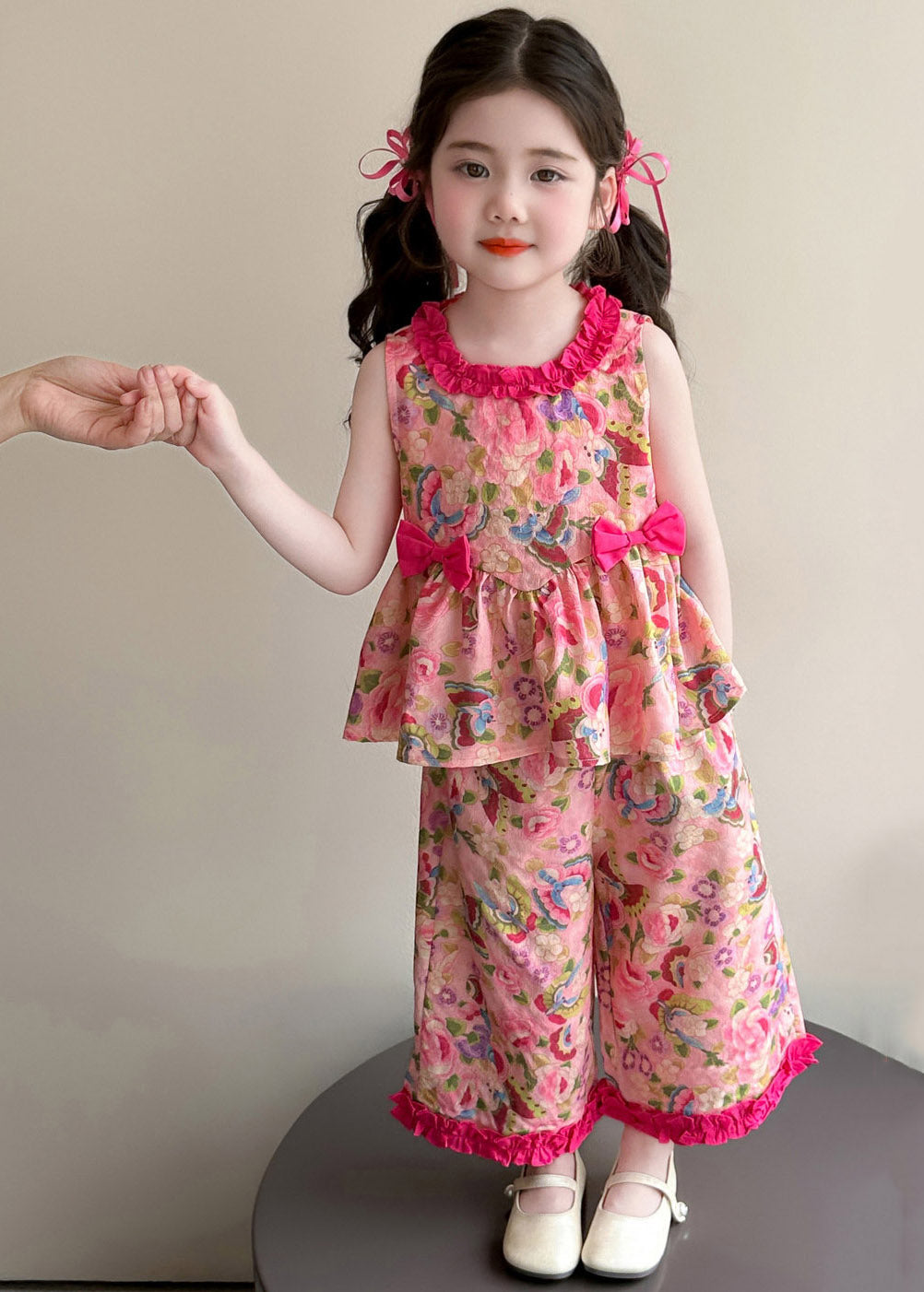 Modern Pink Print Bow Girls Top And Wide Leg Pants Two Pieces Set Summer