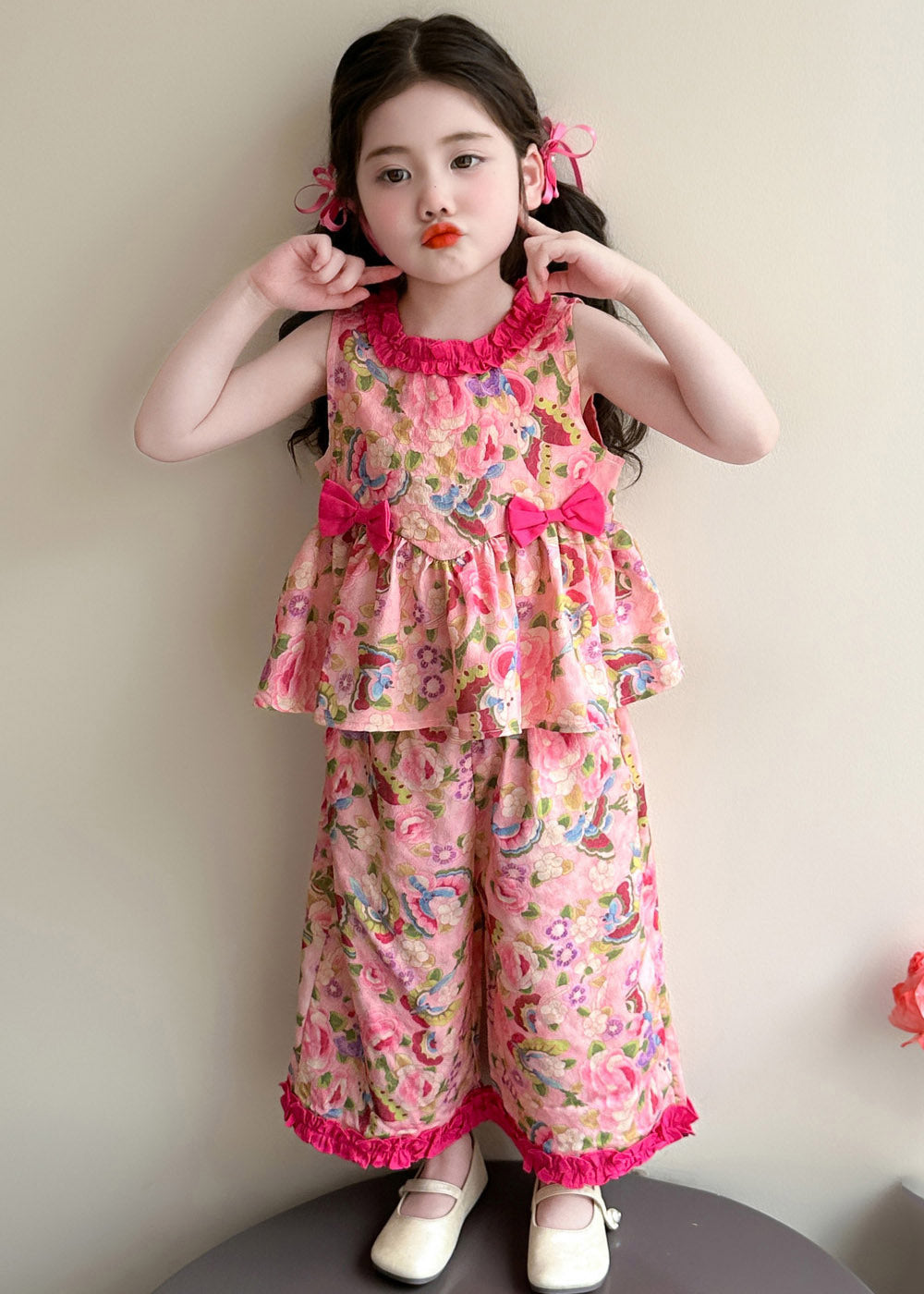 Modern Pink Print Bow Girls Top And Wide Leg Pants Two Pieces Set Summer