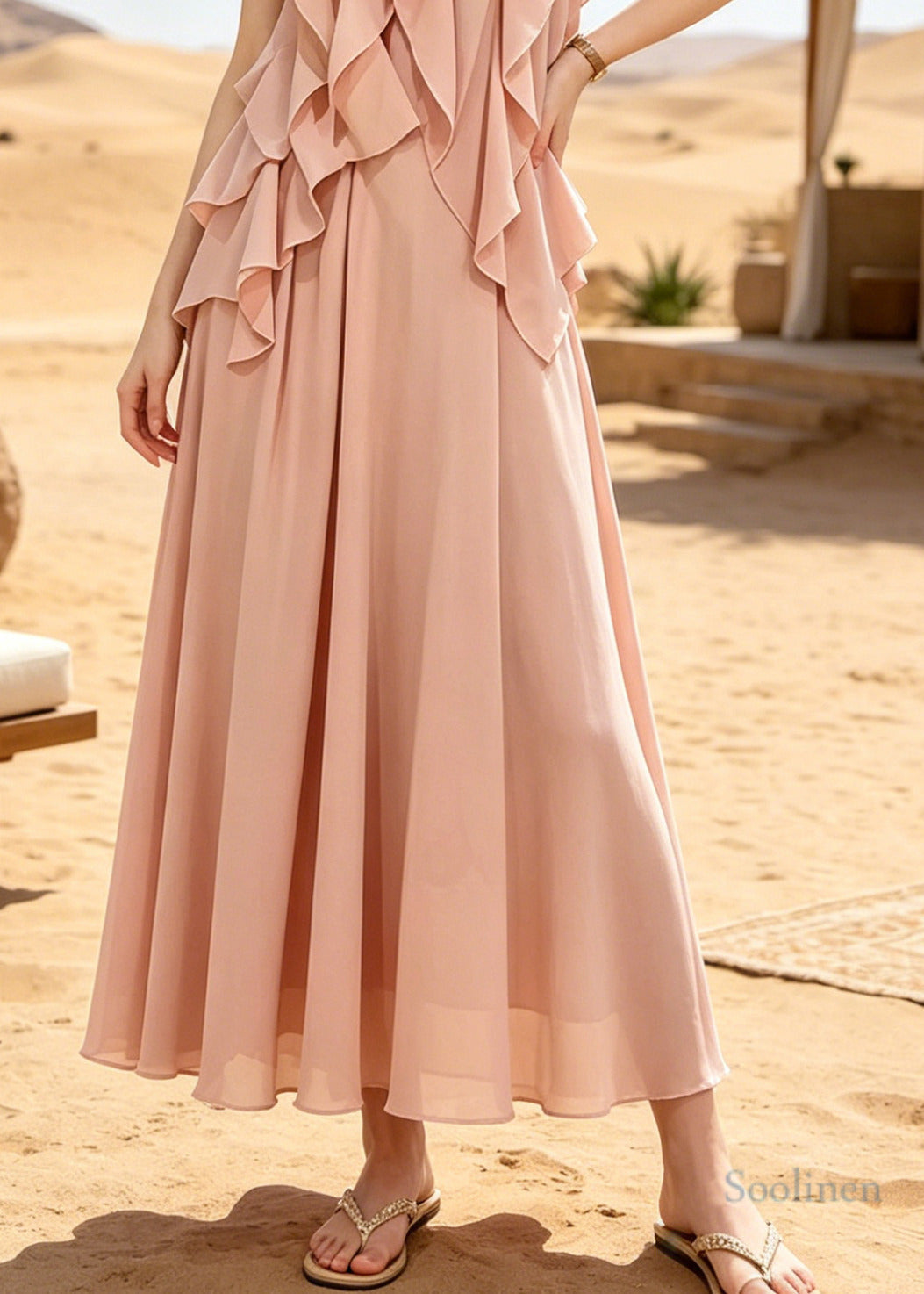Modern Pink Ruffled Draping Chiffon Two Piece Suit Set Sleeveless