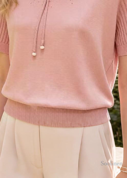 Modern Pink Tasseled Zircon Knit Shirt Top Summer