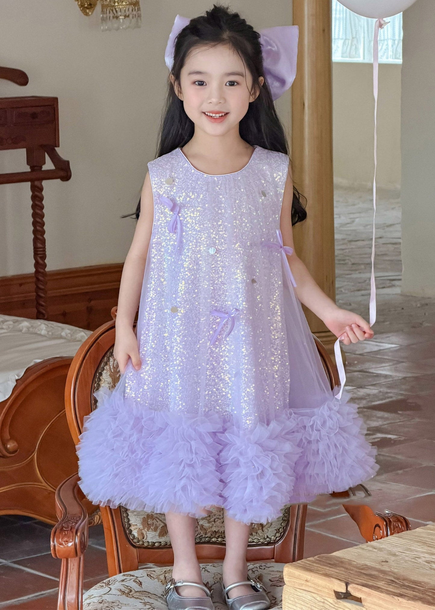 Modern Purple O-Neck Sequins Patchwork Tulle Girls Long Dresses Summer