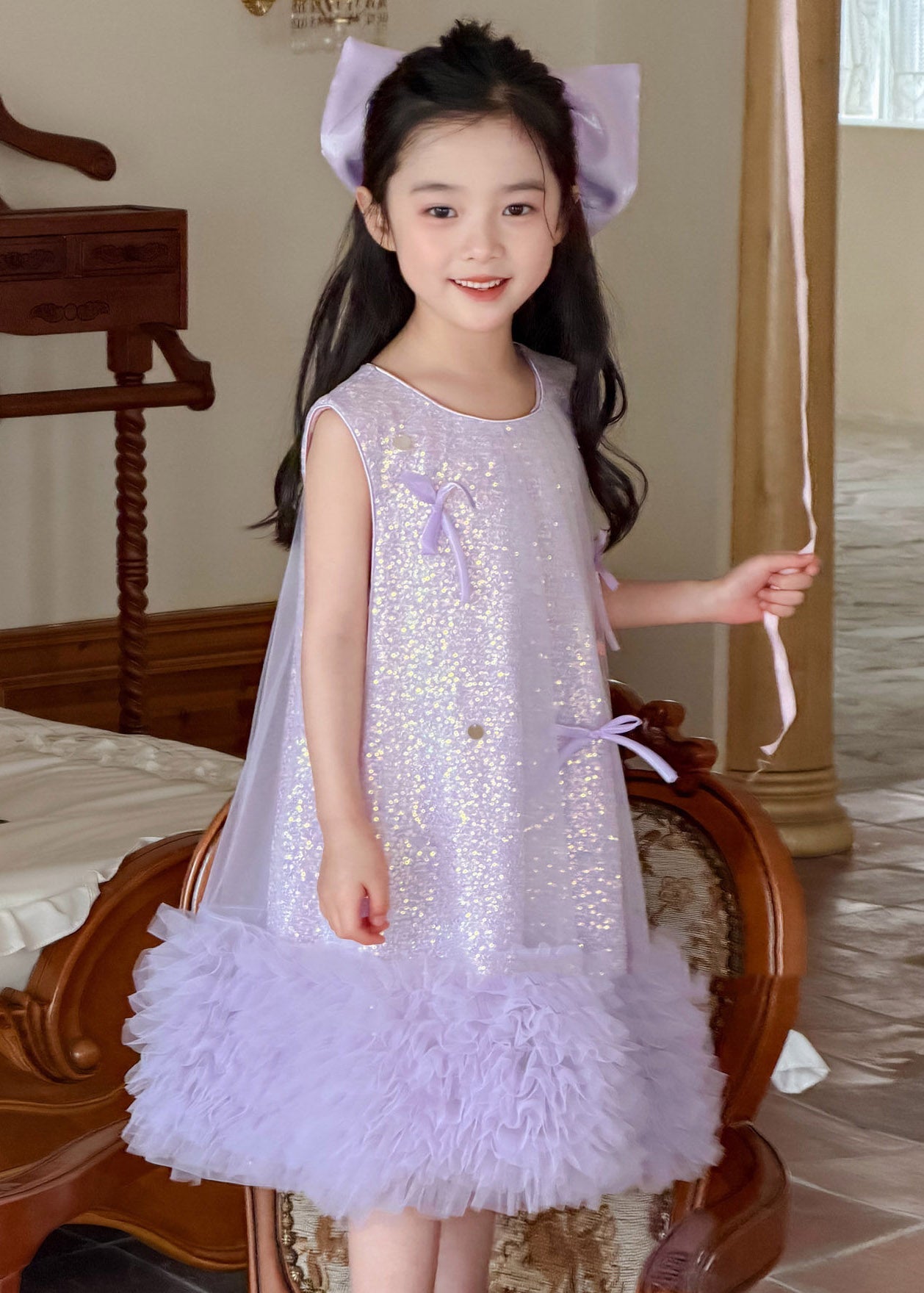 Modern Purple O-Neck Sequins Patchwork Tulle Girls Long Dresses Summer