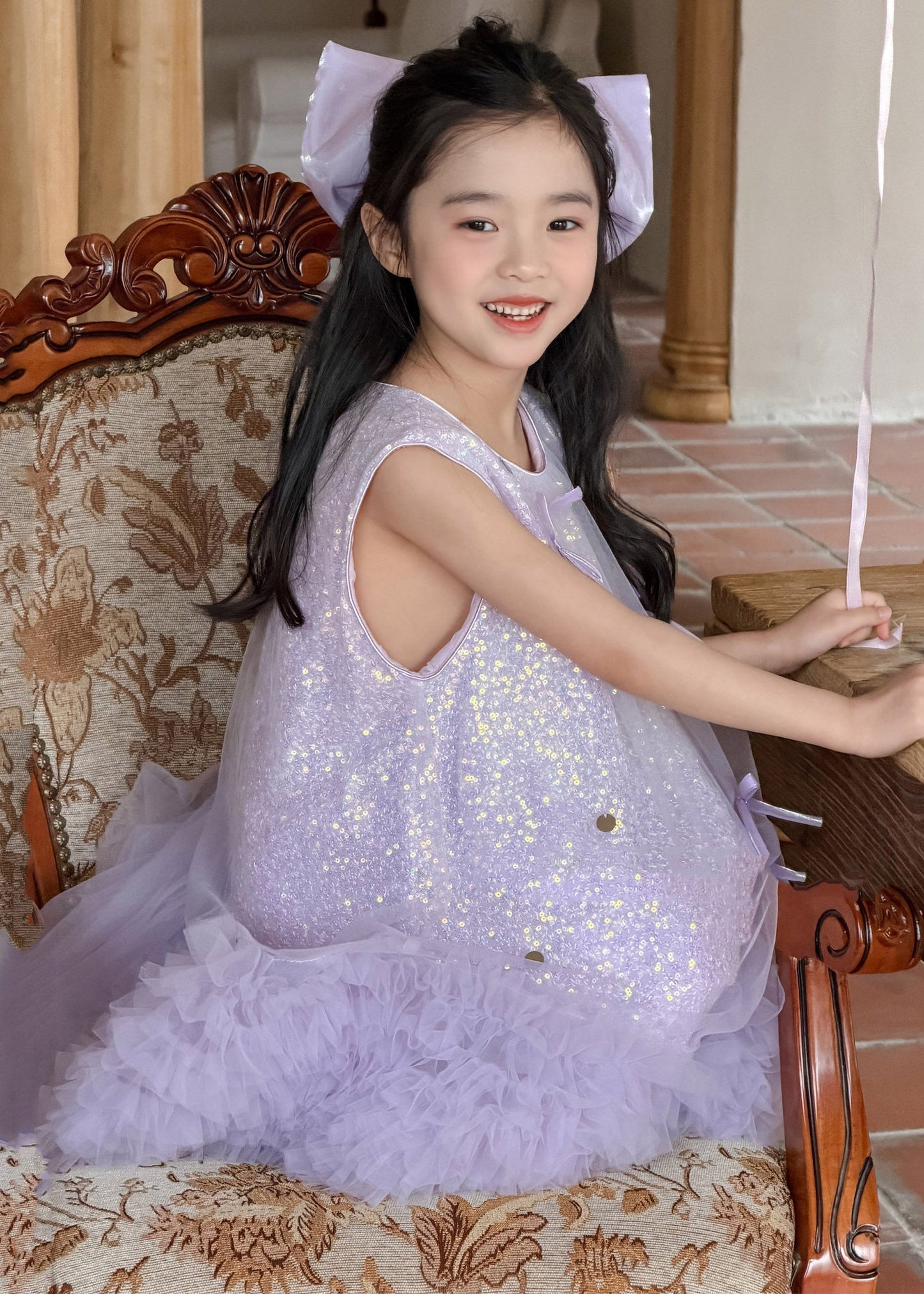 Modern Purple O-Neck Sequins Patchwork Tulle Girls Long Dresses Summer
