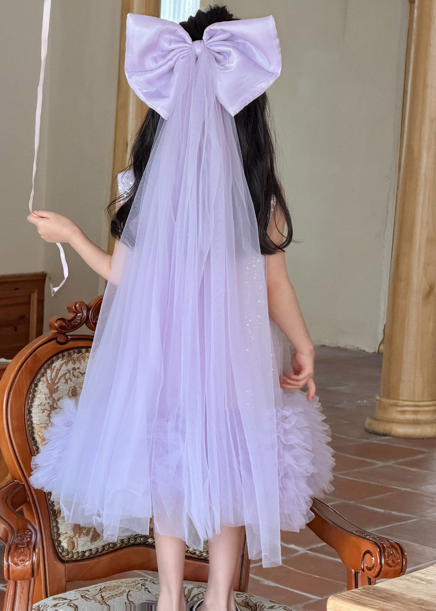 Modern Purple O-Neck Sequins Patchwork Tulle Girls Long Dresses Summer