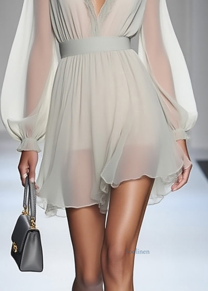 Modern Ruffled Patchwork Solid Chiffon Mid Dress Lantern Sleeve