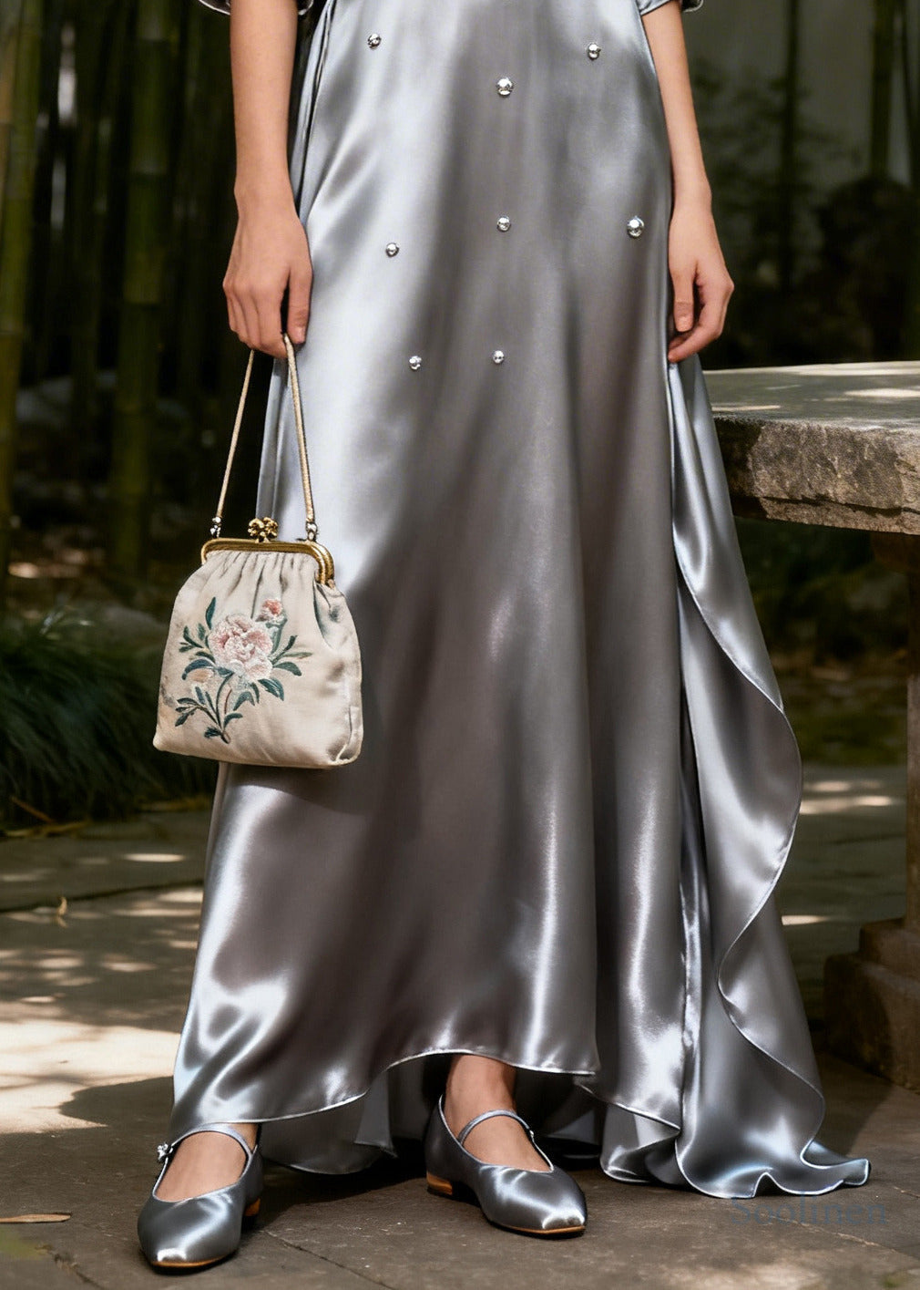 Modern Silvery Nail Bead Draping Silk Long Dress Summer
