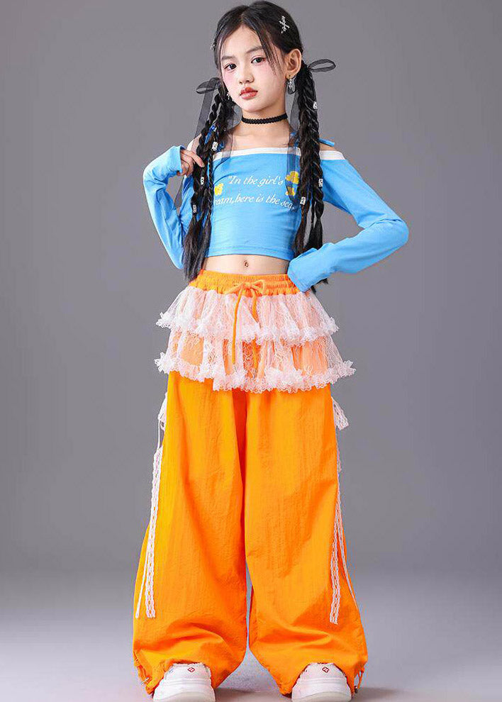 Modern Slash Neck Graphic Kids Dance Costume Two Piece Set Fall