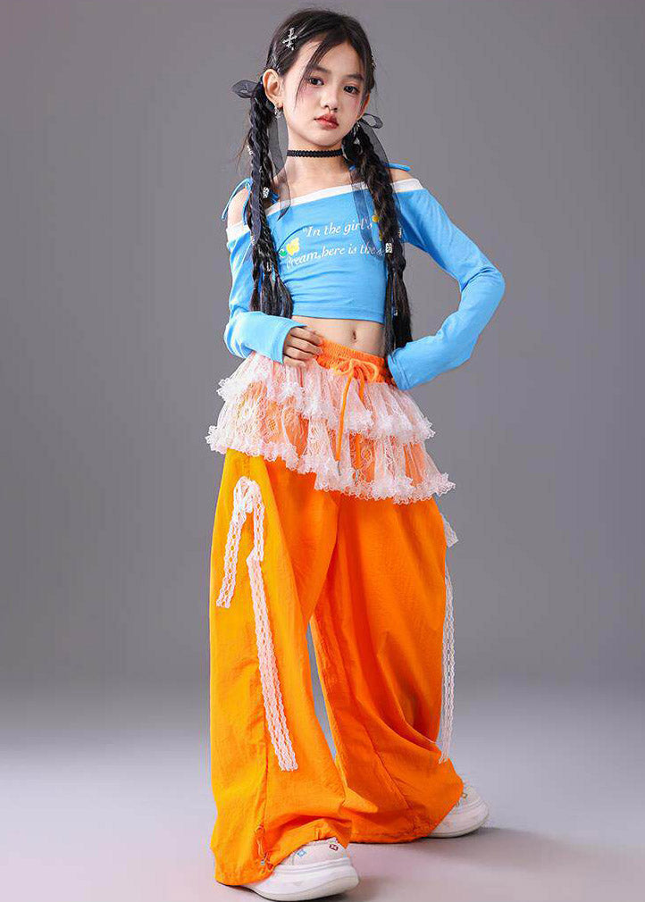 Modern Slash Neck Graphic Kids Dance Costume Two Piece Set Fall