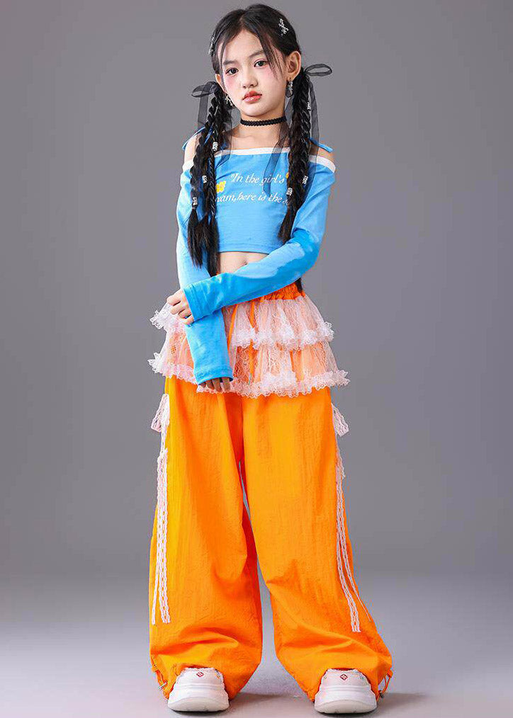 Modern Slash Neck Graphic Kids Dance Costume Two Piece Set Fall