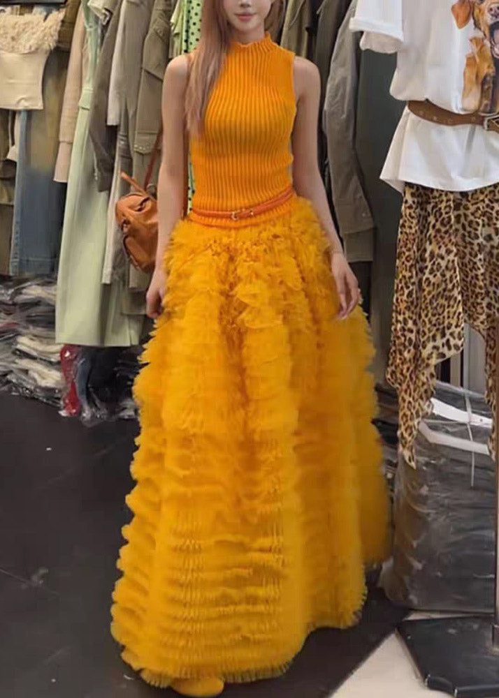 Modern Turtleneck Knit Top And Tulle A Line Skirts Two Pieces Set Summer