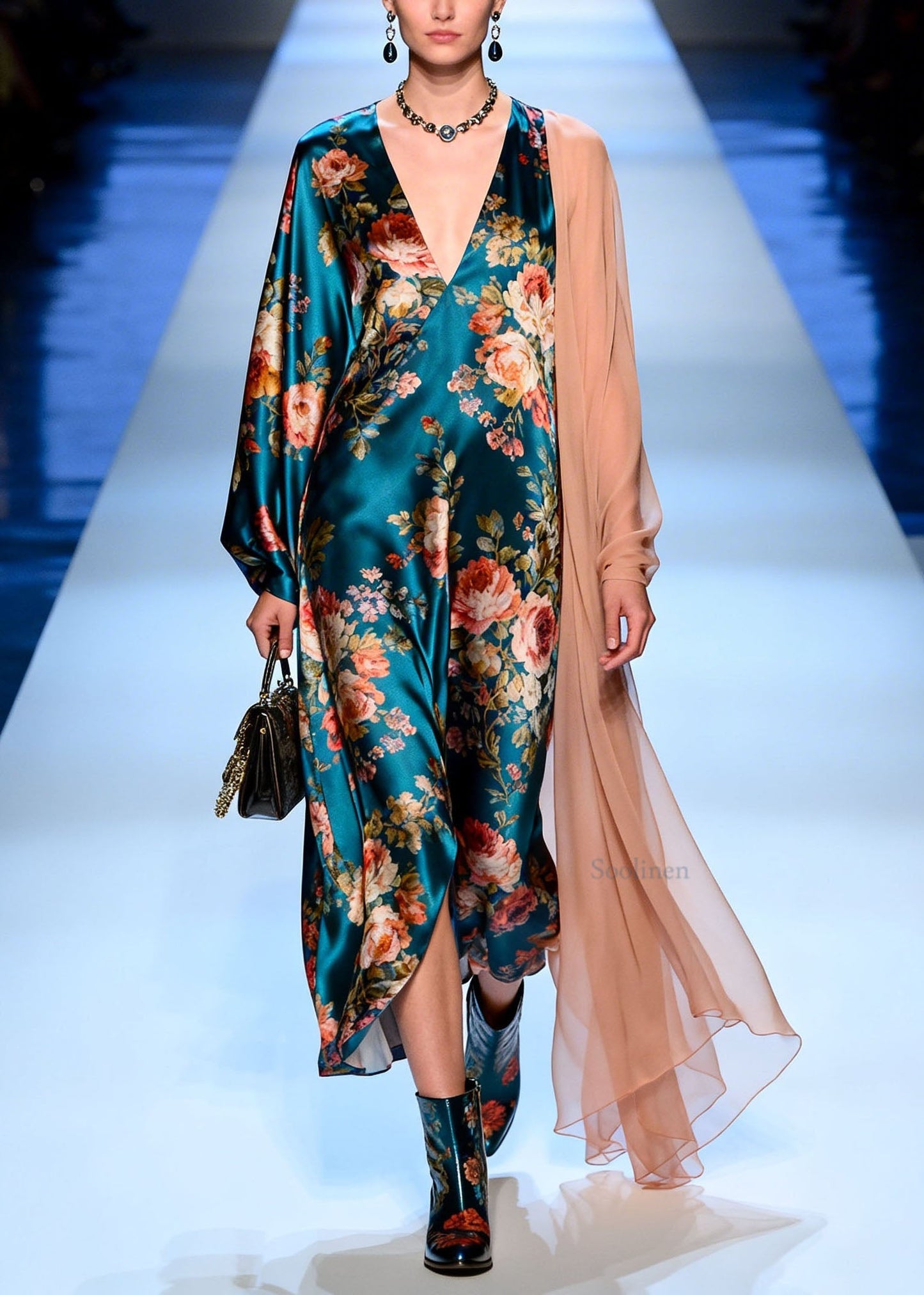 Modern V Neck Print Patchwork Silk Maxi Dresses Spring