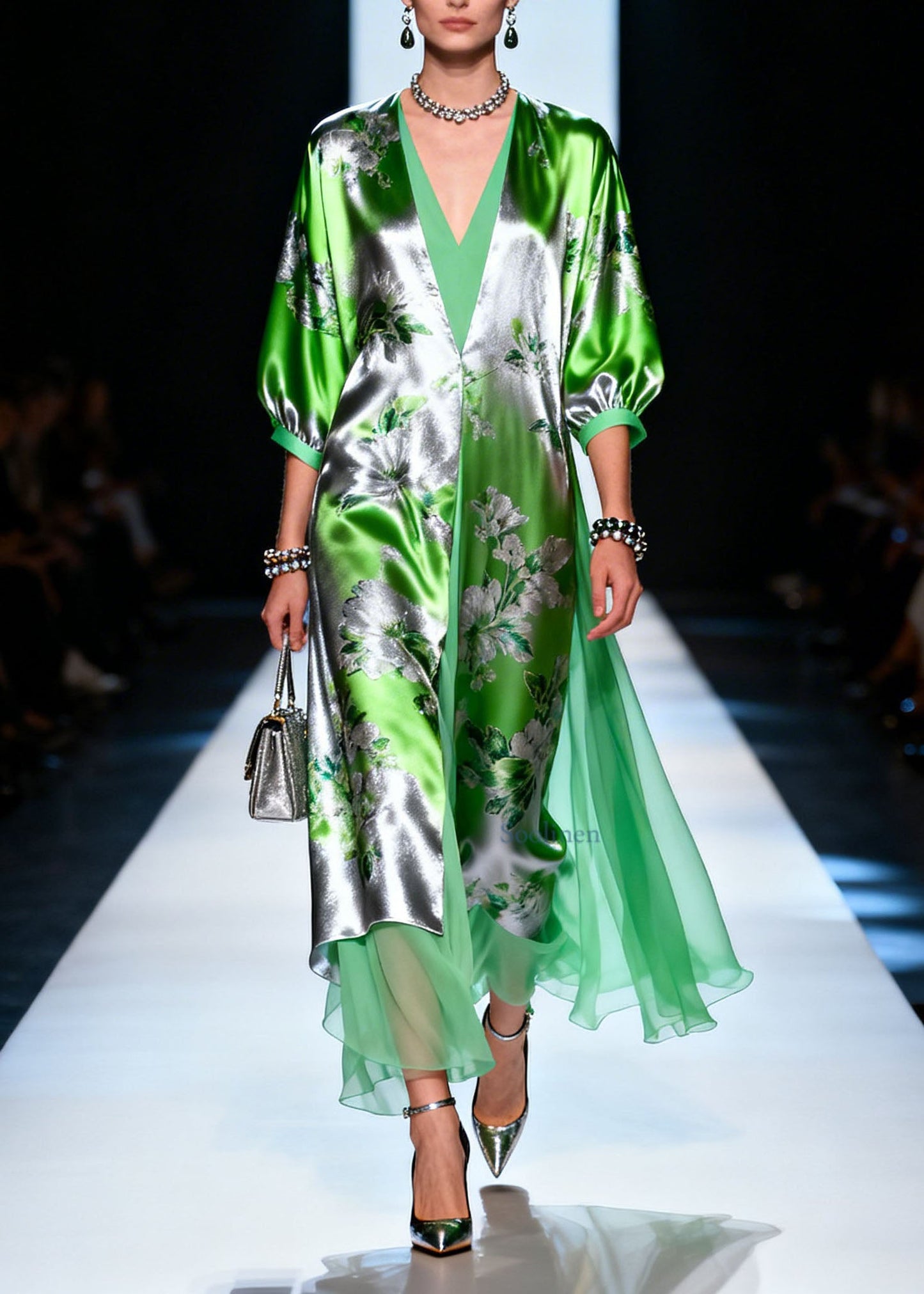 Modern V Neck Print Patchwork Silk Maxi Dresses Summer