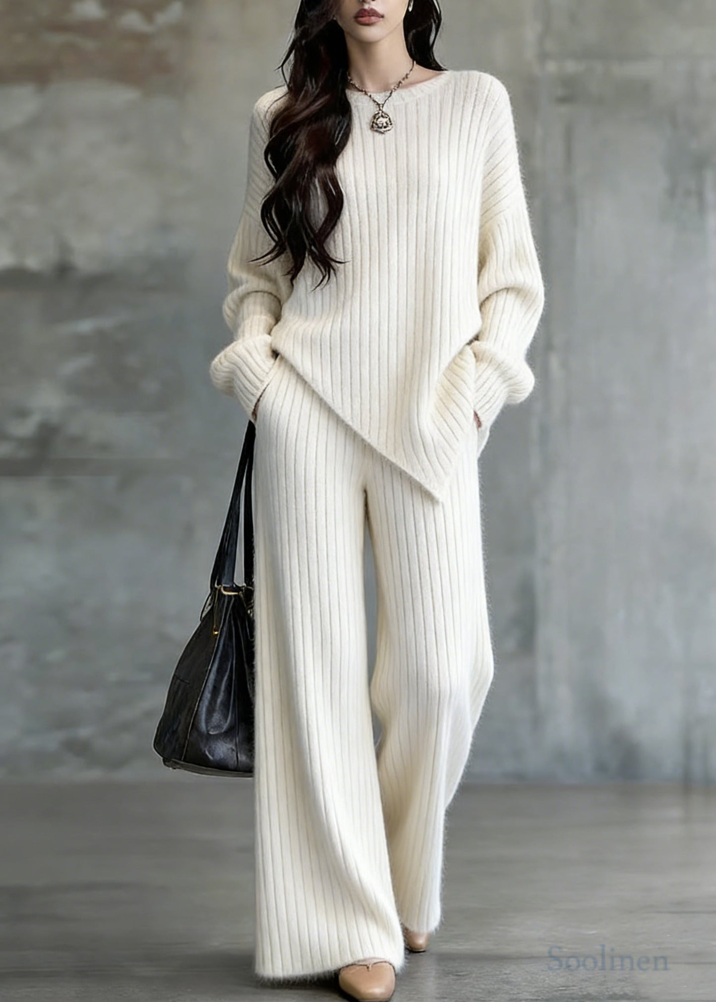 Modern White Asymmetrical Oversized Knit Two-Piece Set Spring