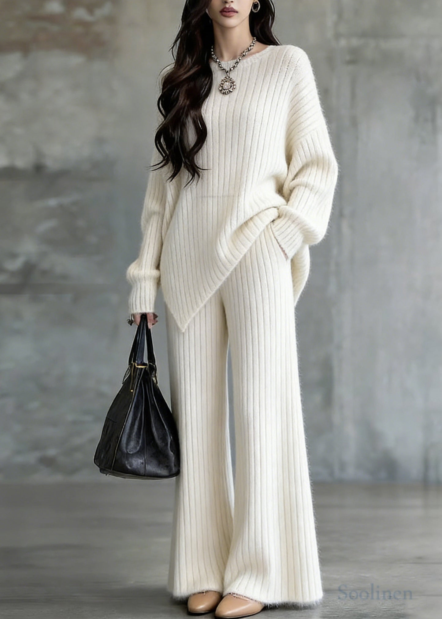 Modern White Asymmetrical Oversized Knit Two-Piece Set Spring