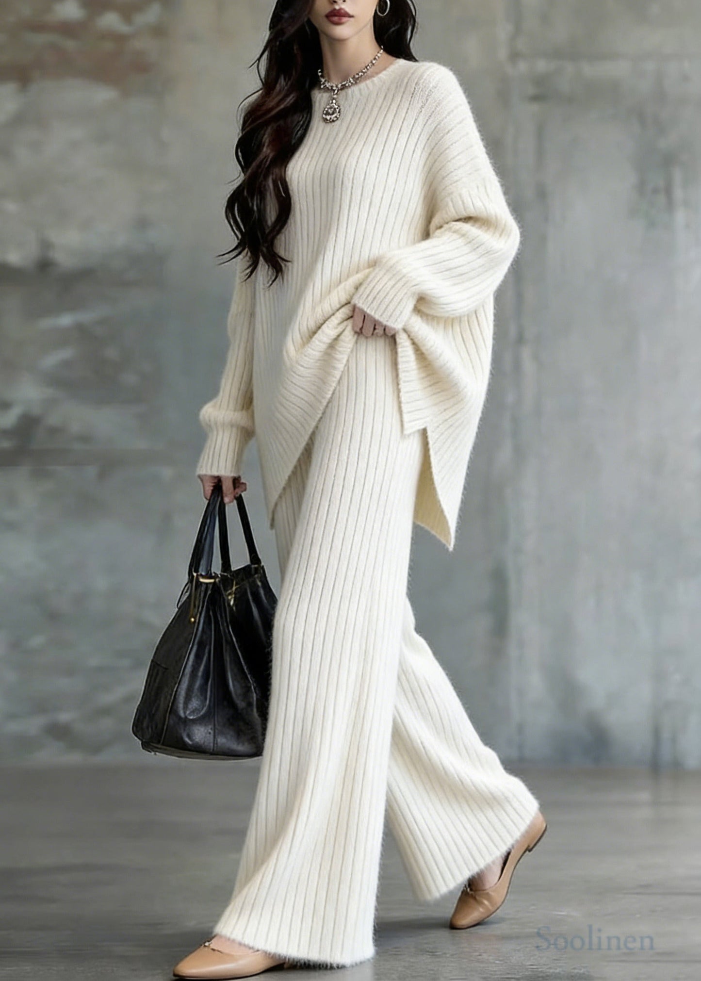 Modern White Asymmetrical Oversized Knit Two-Piece Set Spring