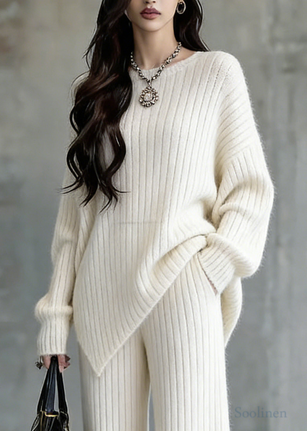 Modern White Asymmetrical Oversized Knit Two-Piece Set Spring