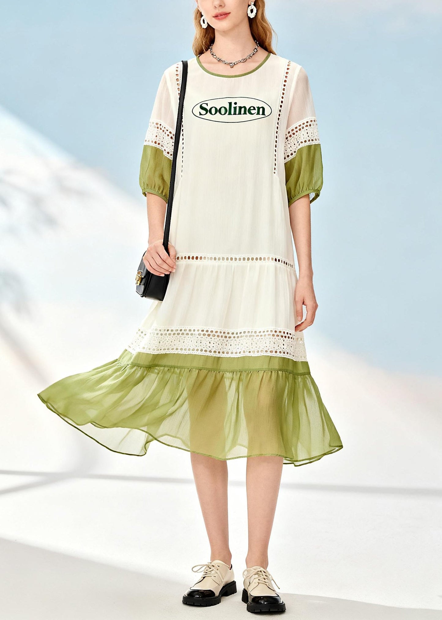 Modern White Hollow Out Patchwork Chiffon Day Dresses Summer