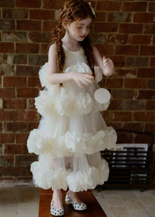 Modern White O-Neck Solid Tulle Girls Maxi Dress Summer