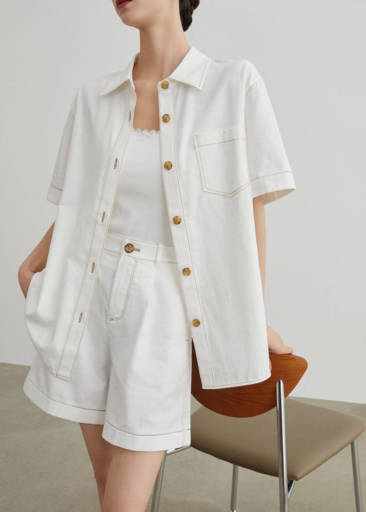 Conjunto de dos piezas de mezclilla blanco moderno con cuello Peter Pan para verano