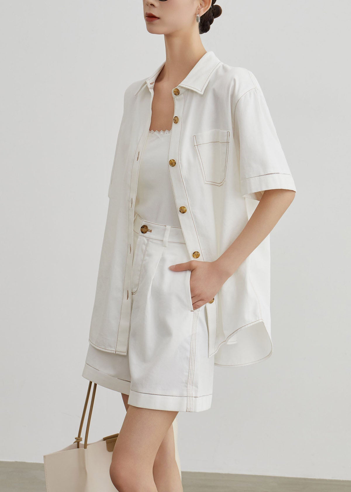 Modern White Peter Pan Collar Denim Two Pieces Set Summer
