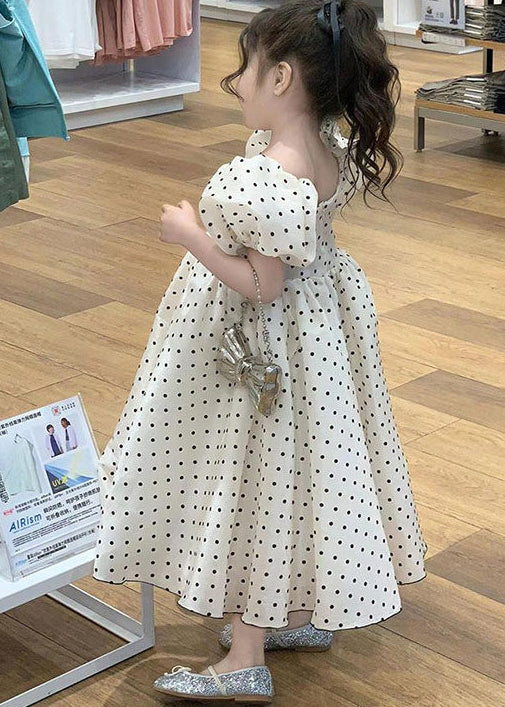 Modern White Puff Sleeve Print Cotton Baby Girls Vacation Dresses Summer