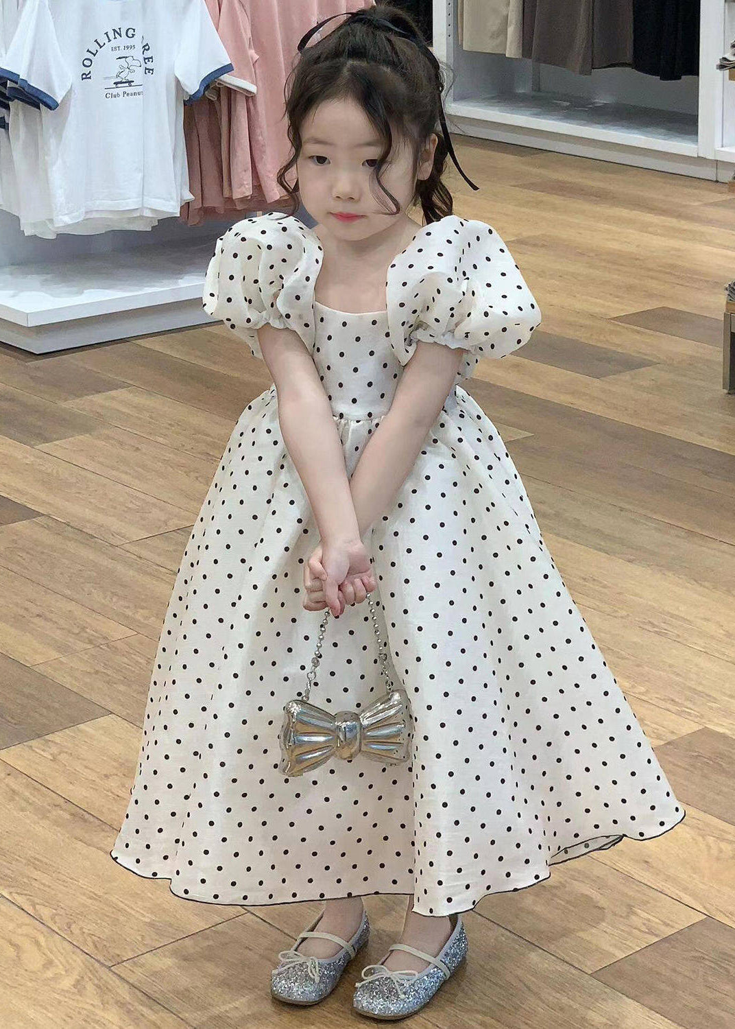 Modern White Puff Sleeve Print Cotton Baby Girls Vacation Dresses Summer