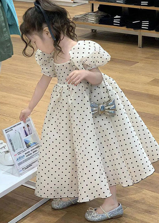 Modern White Puff Sleeve Print Cotton Baby Girls Vacation Dresses Summer
