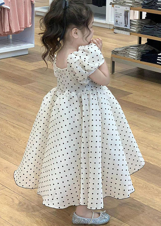 Modern White Puff Sleeve Print Cotton Baby Girls Vacation Dresses Summer