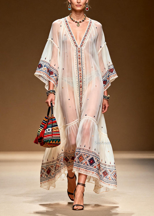 Modern White V Neck Print Patchwork Chiffon Dresses Summer