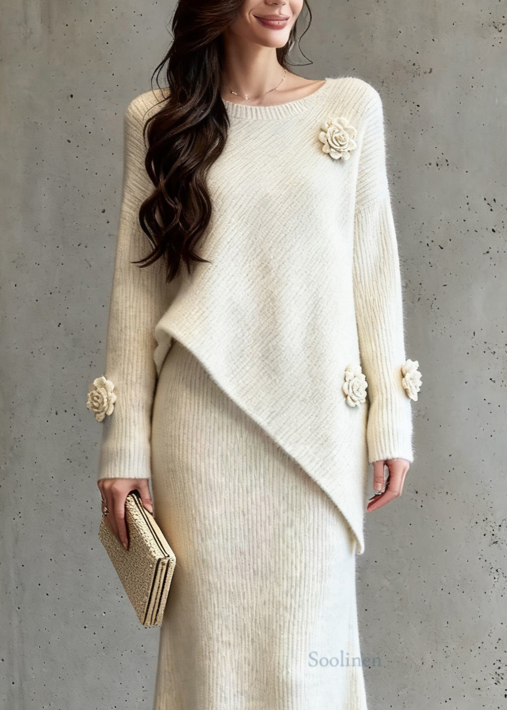 Natural Asymmetrical Floral Cotton Knit Sweaters And A Line Skirts Two-Piece Set Spring