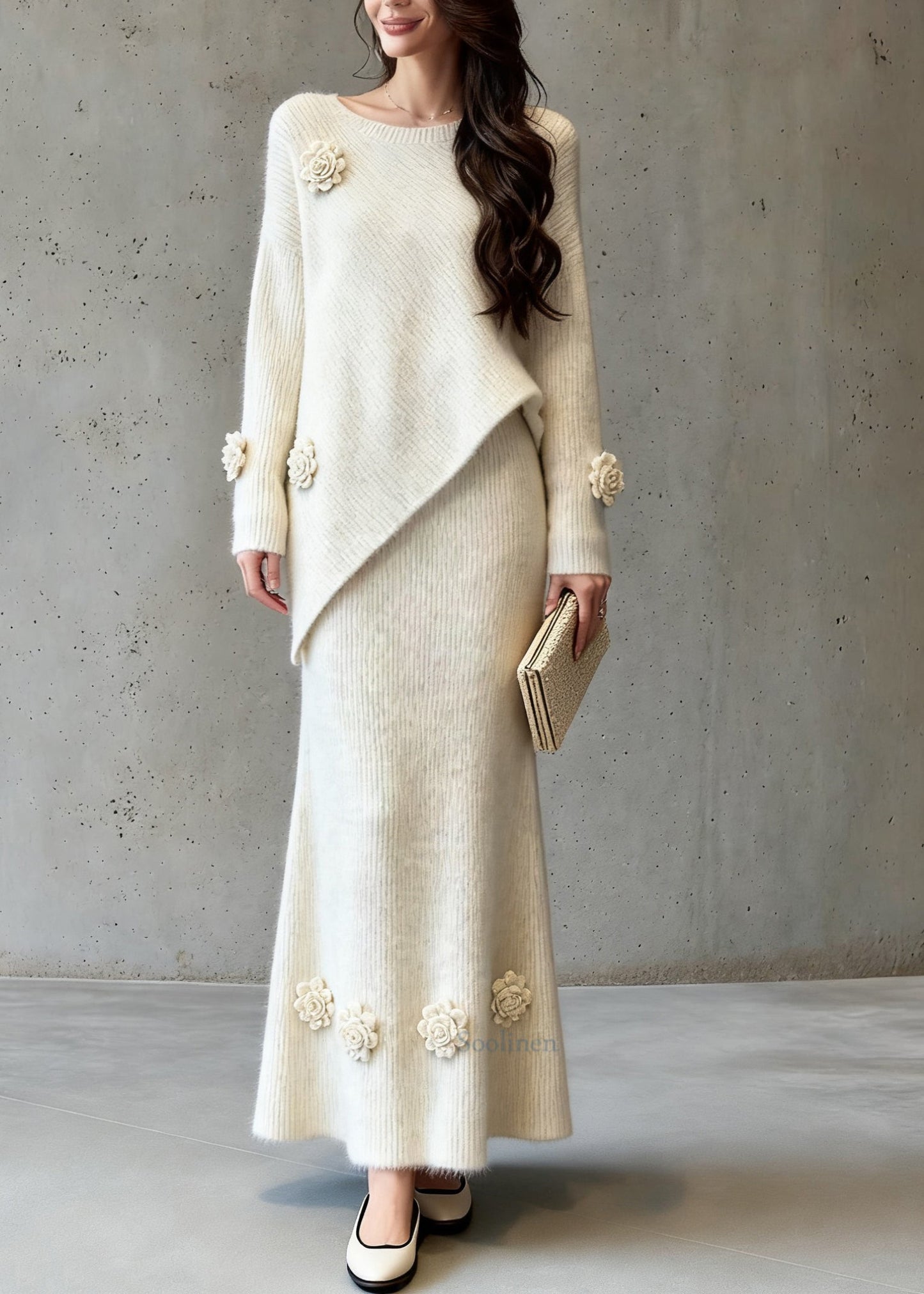Natural Asymmetrical Floral Cotton Knit Sweaters And A Line Skirts Two-Piece Set Spring