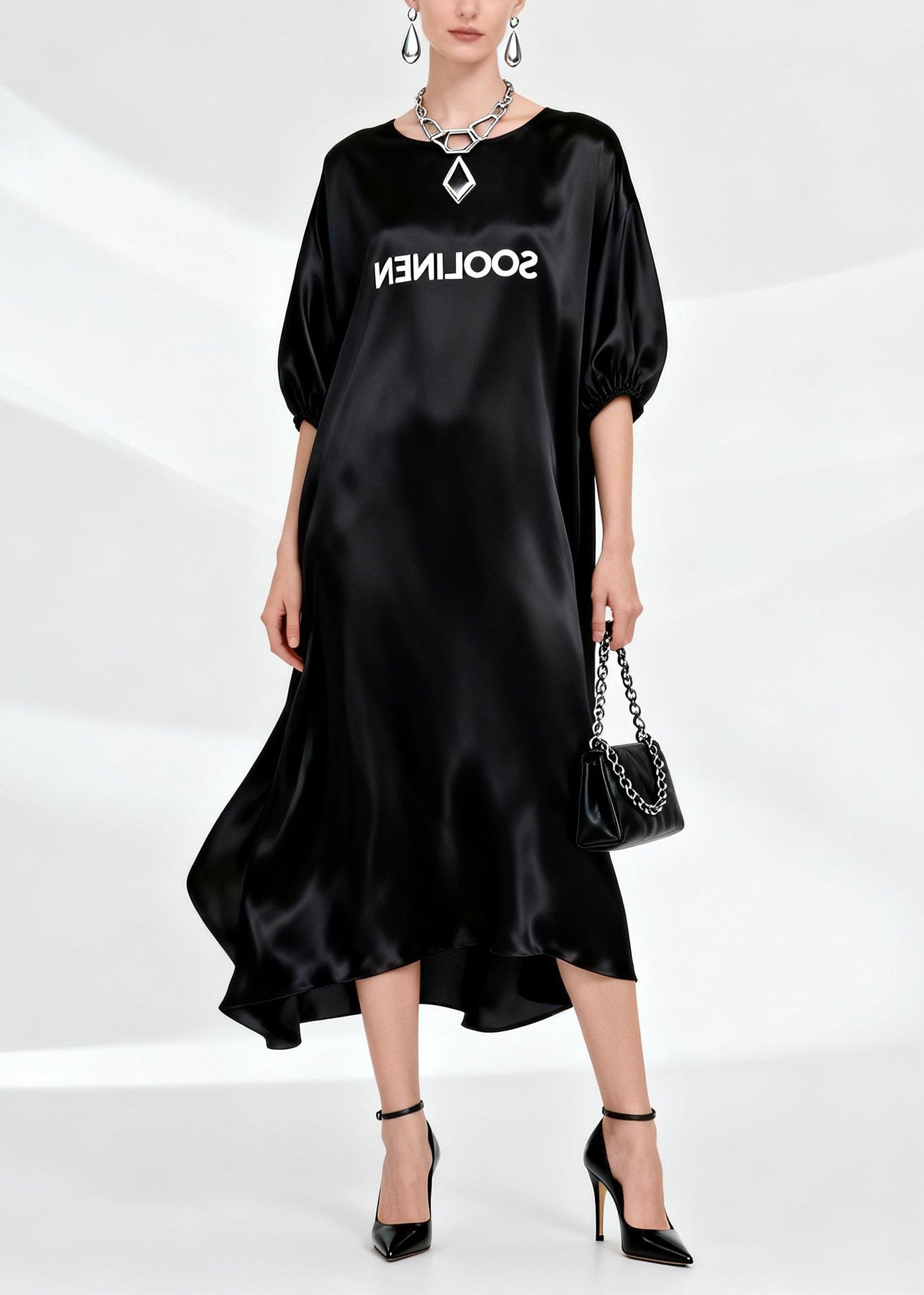 Natural Black O-Neck Draping Silk Maxi Dress Summer