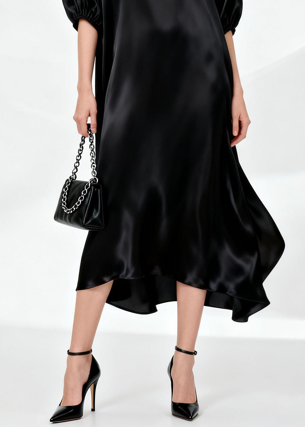 Natural Black O-Neck Draping Silk Maxi Dress Summer