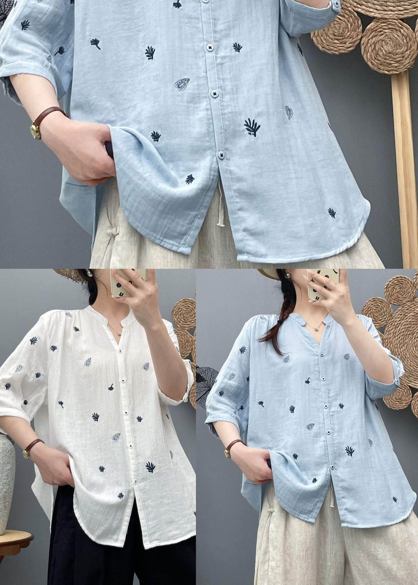 Natural Blue Embroidered Cotton Shirt Half Sleeve