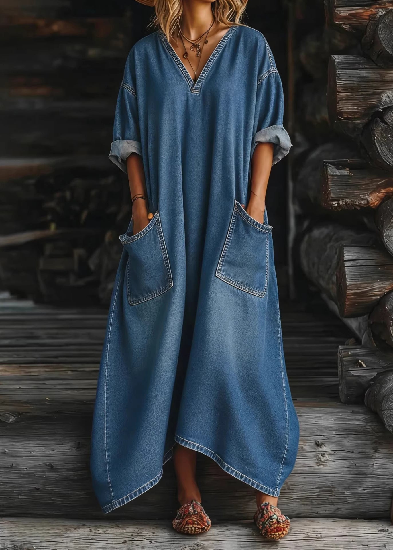 Natural Blue V Neck Pockets Patchwork Denim Dresses Summer